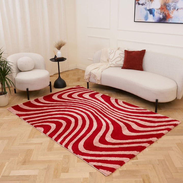 Red and beige wavy striped patterned rug
