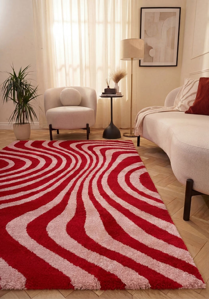 Red and beige wavy patterned rug