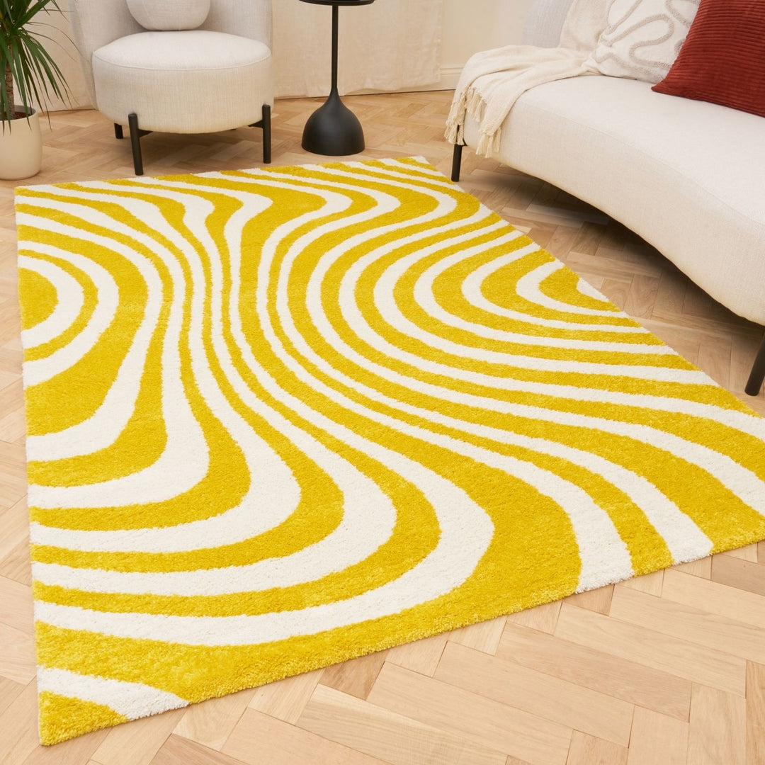 Patterned fabric with wavy lines in yellow and white