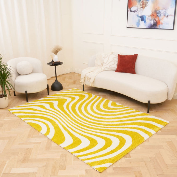 Patterned fabric with wavy lines in yellow and white