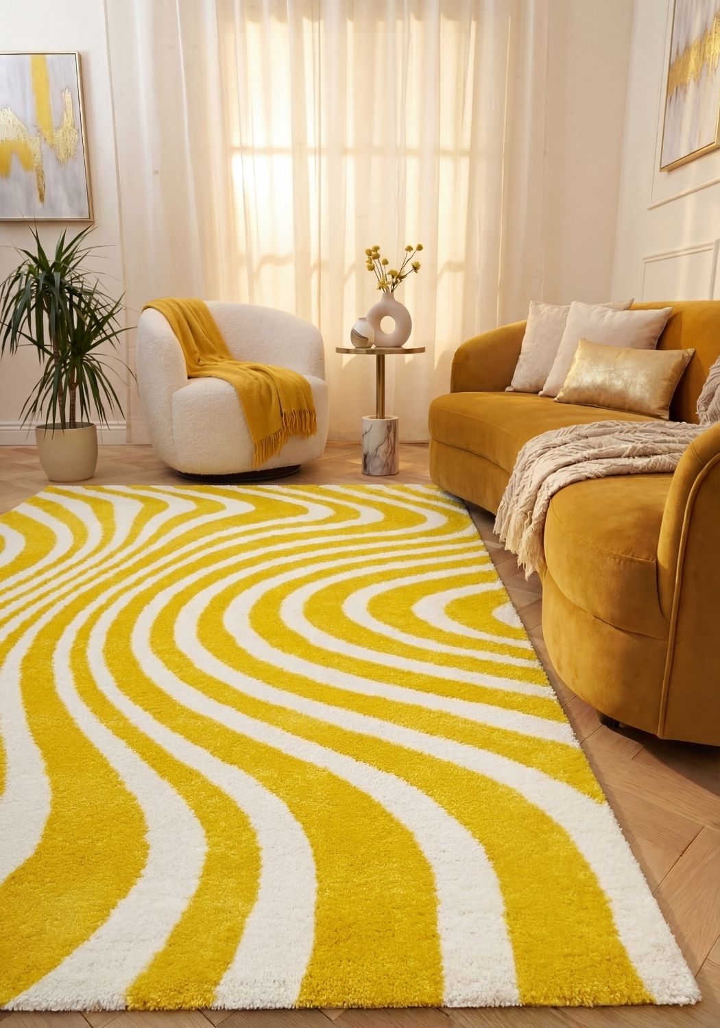 Patterned fabric with wavy lines in yellow and white