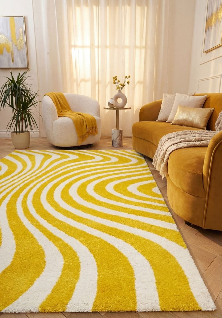 Patterned fabric with wavy lines in yellow and white