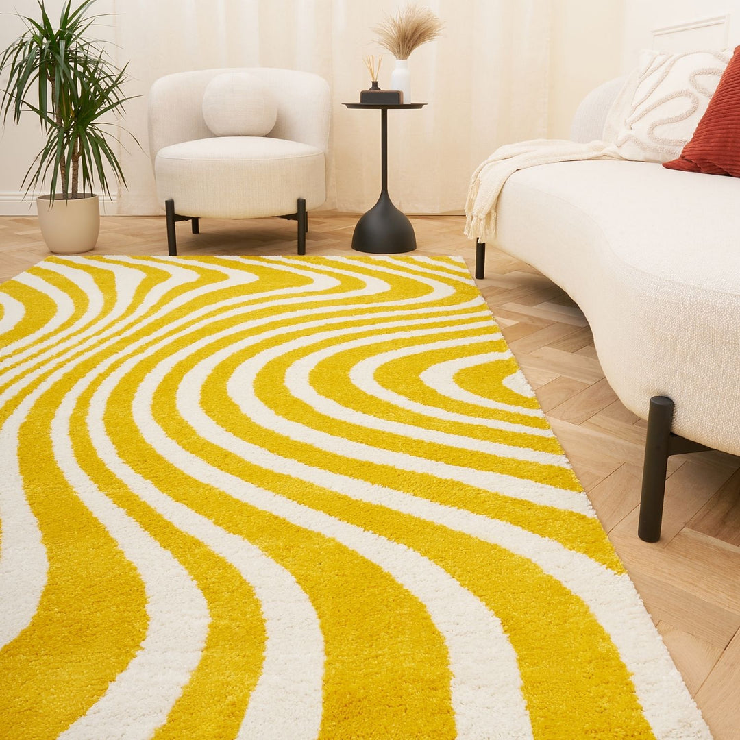 Patterned fabric with wavy lines in yellow and white