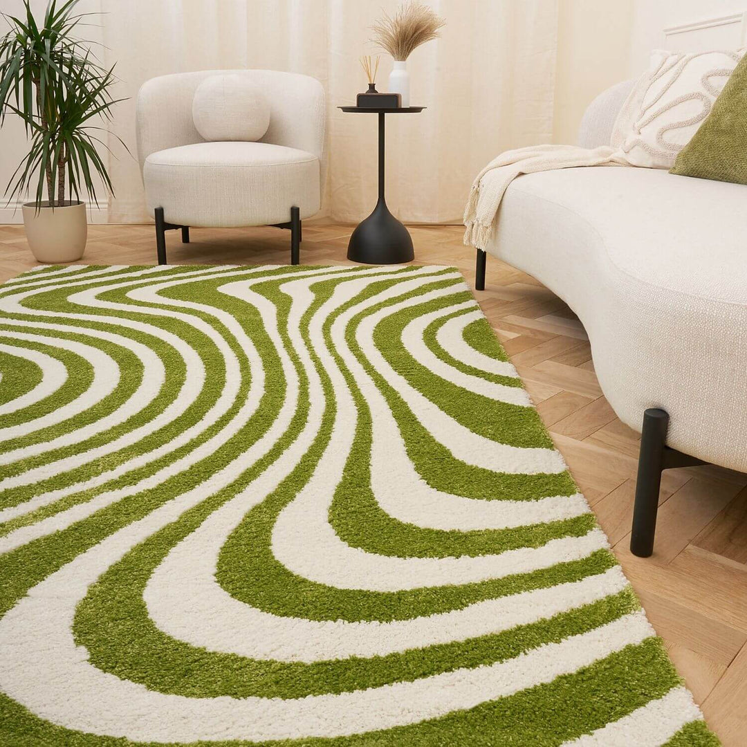 Rug with green and white wavy pattern