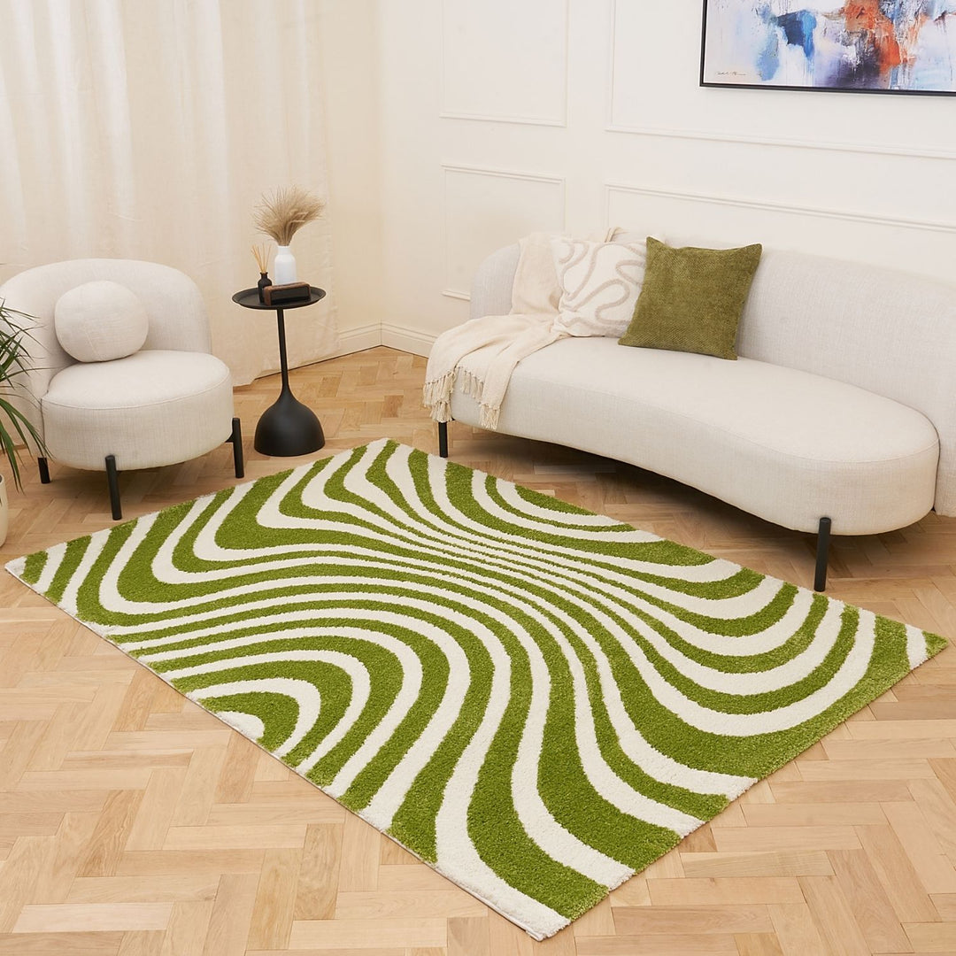 Rug with green and white wavy pattern