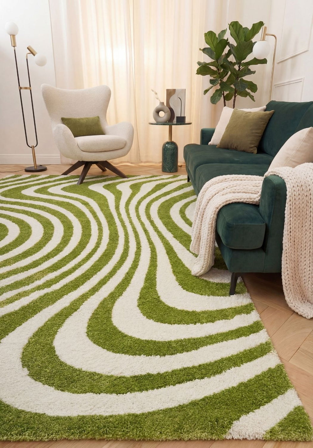 Rug with green and white wavy pattern