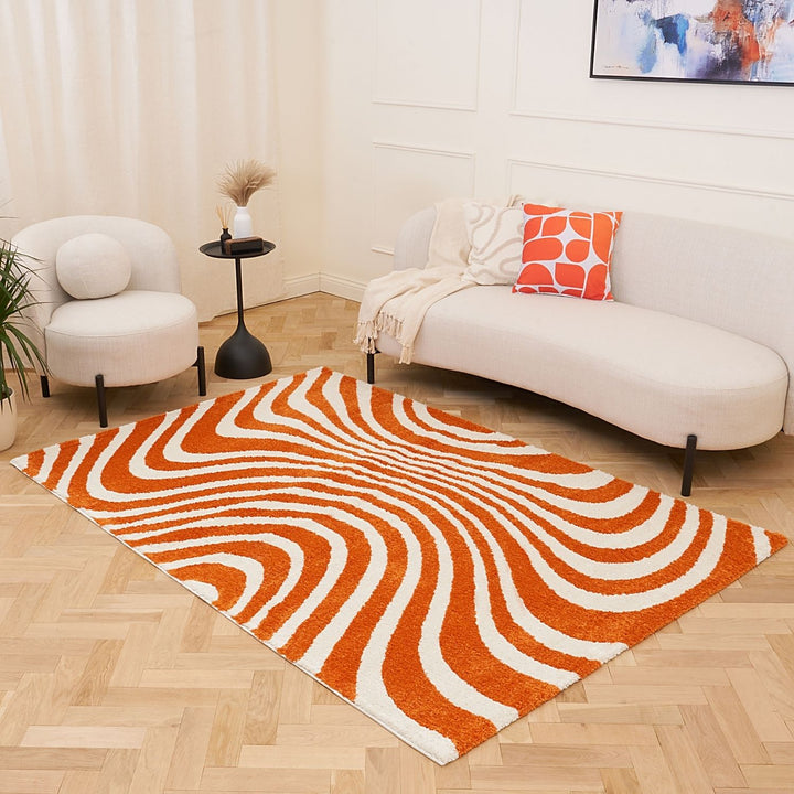 Patterned fabric with orange and white wavy lines