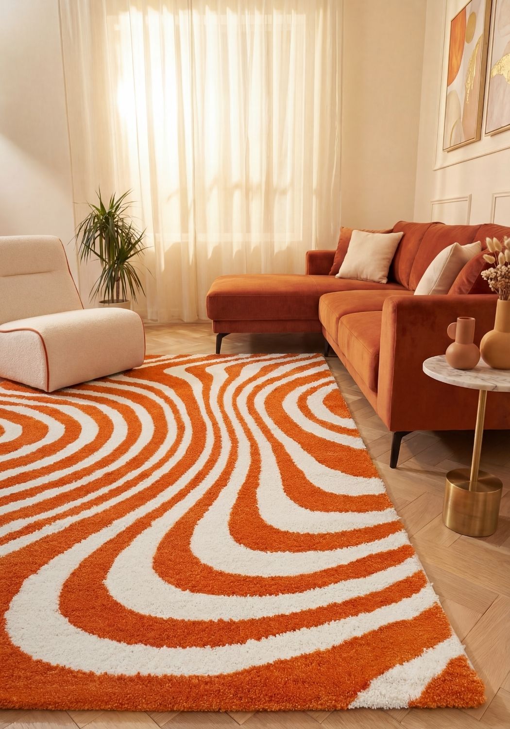 Patterned fabric with orange and white wavy lines
