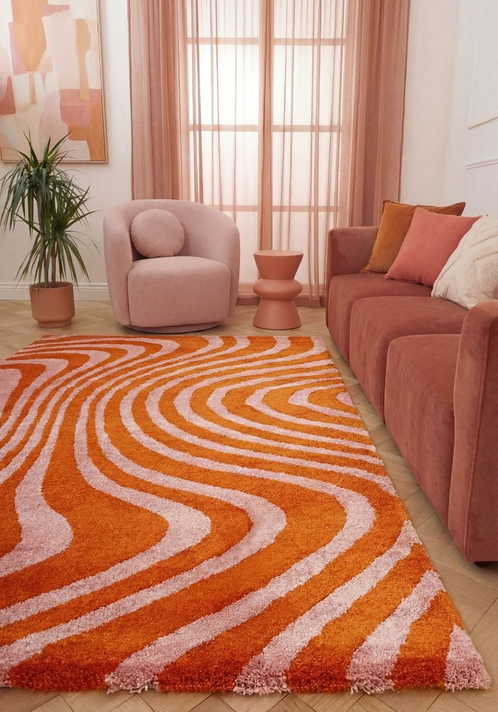 Orange and pink colours rug, dynamic ripple stripes design