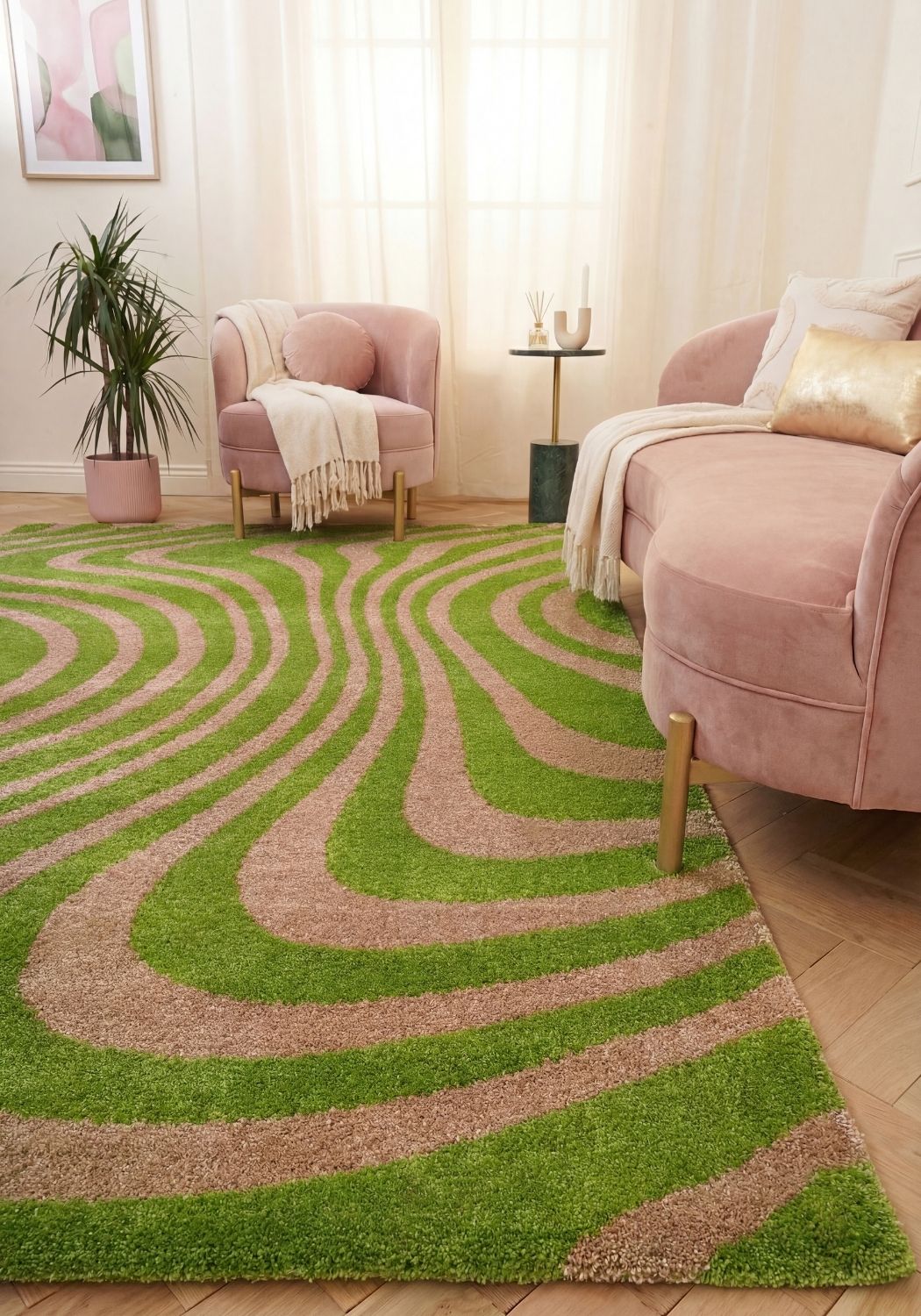 Joli Striped Green & Pink, Pet friendly Rug