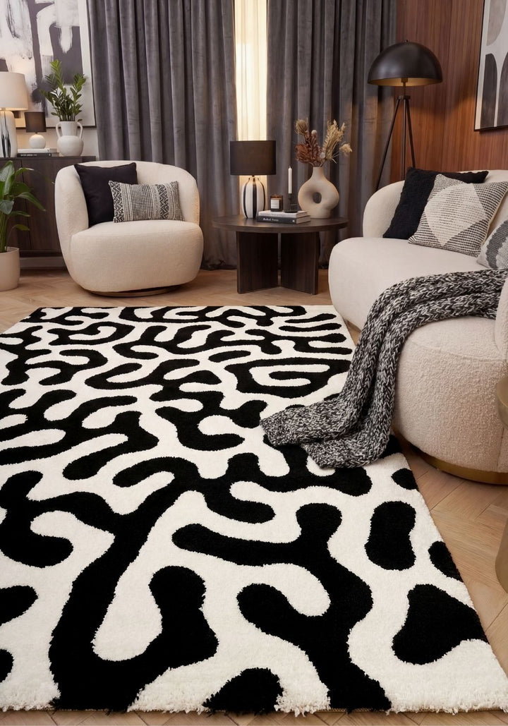 Abstract design rug, black and white colour, pet-friendly rug
