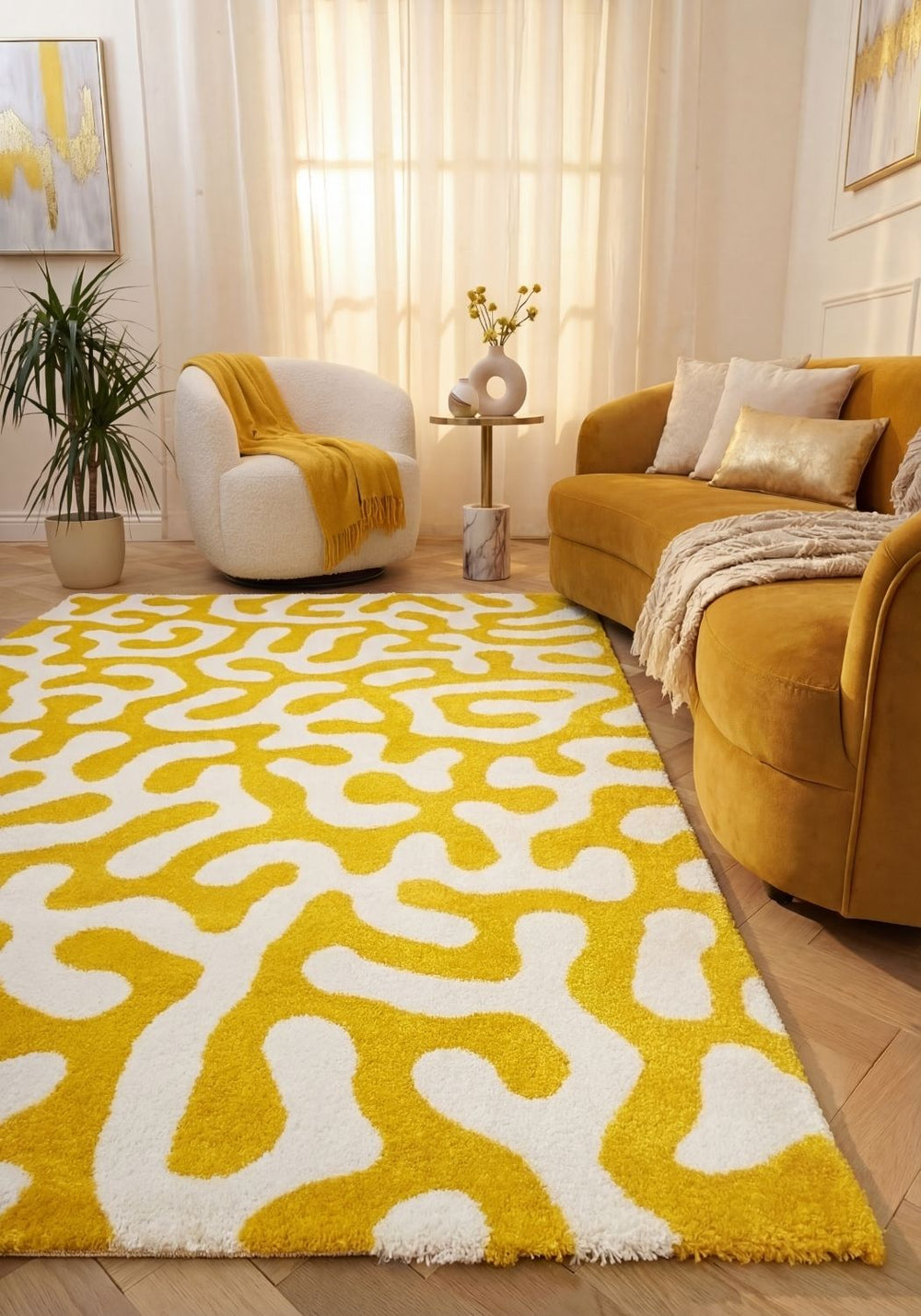 Joli Abstract Yellow & White Easy Care Rug