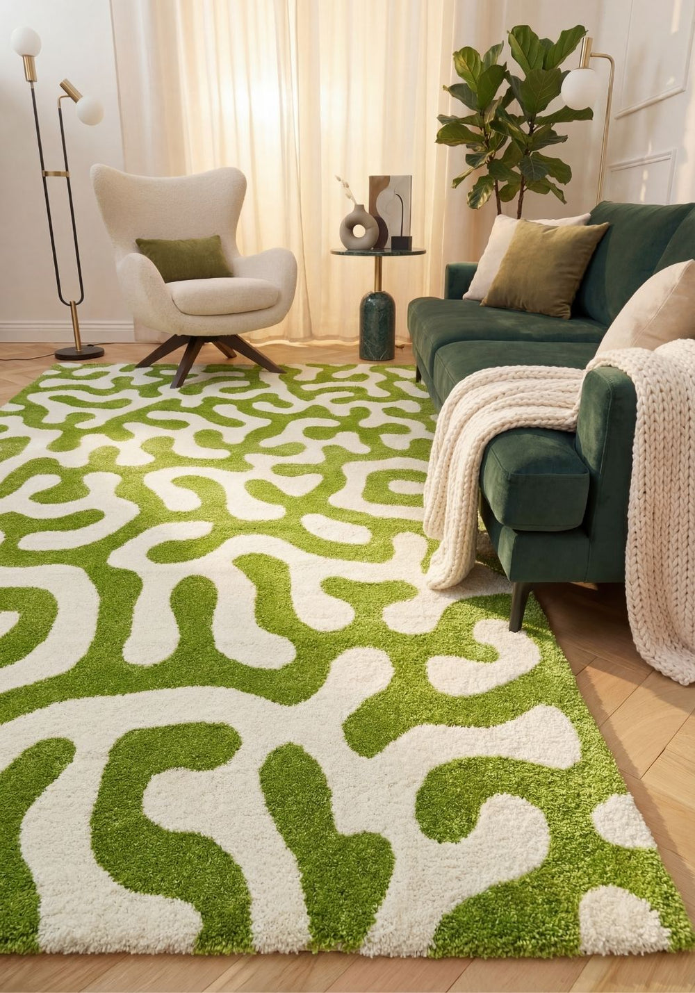 Joli abstract Green & White High Pile Rug
