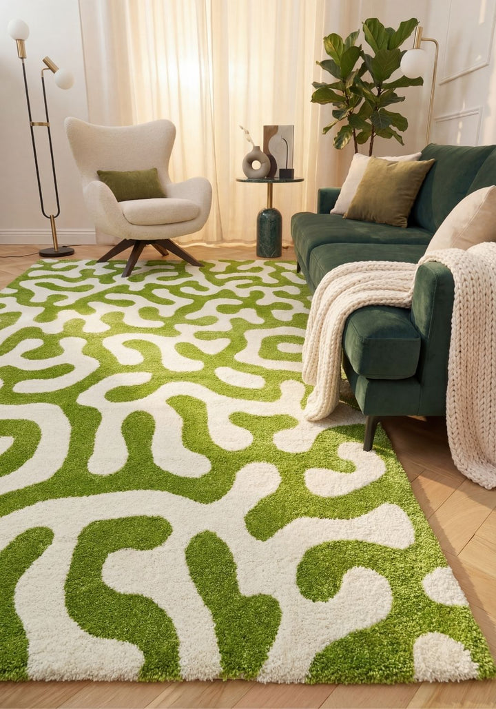 Joli abstract Green & White High Pile Rug