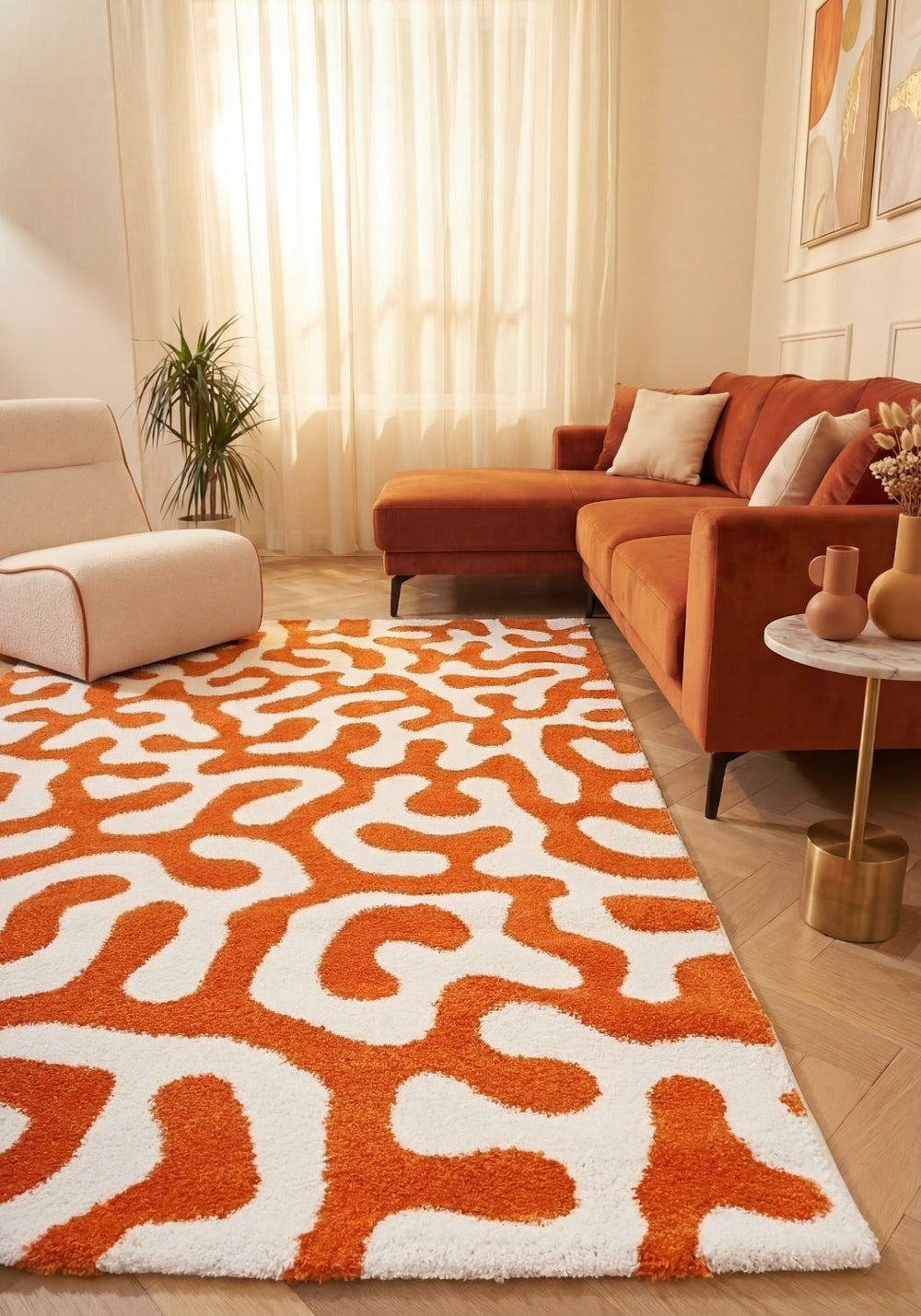 Joli Abstract Orange & White Soft Pile Rug