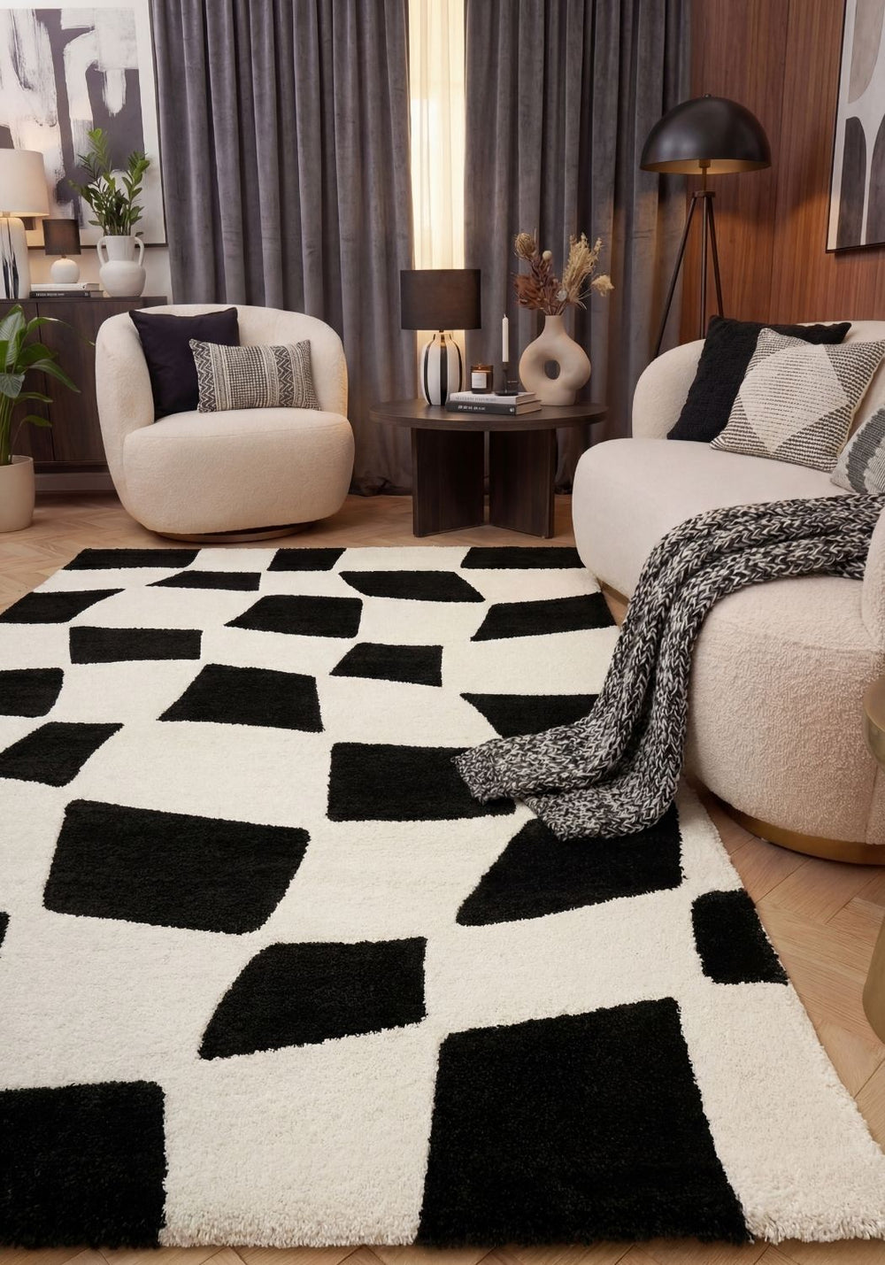 Black and white geometric patterned rug living room