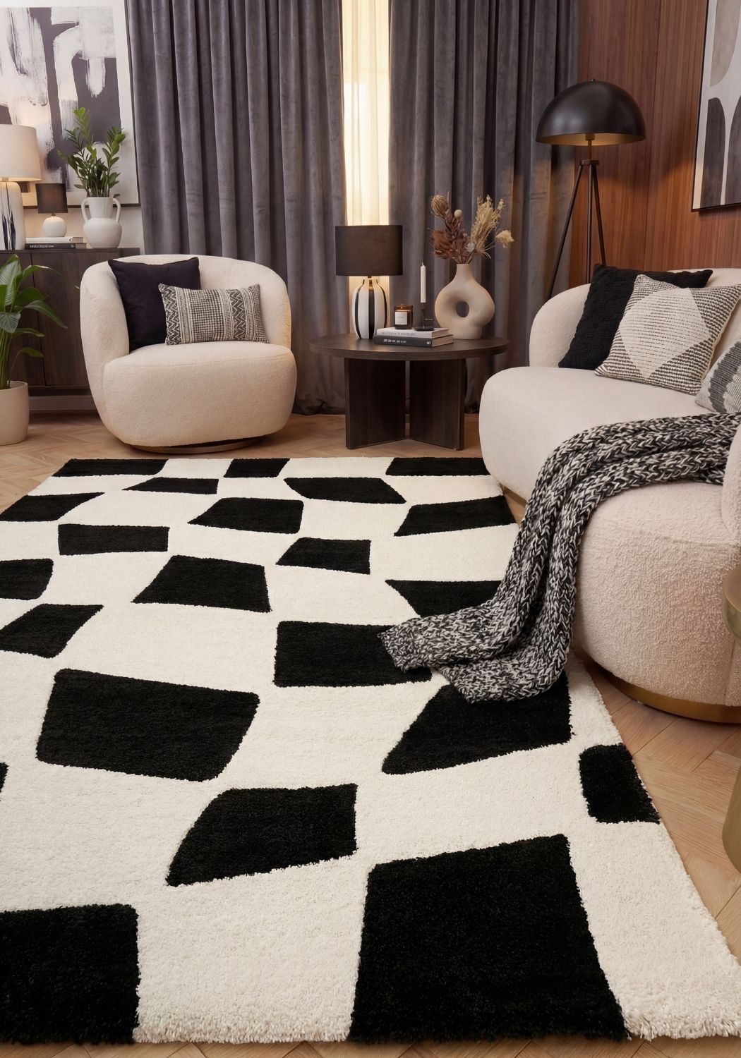 Black and white geometric patterned rug living room
