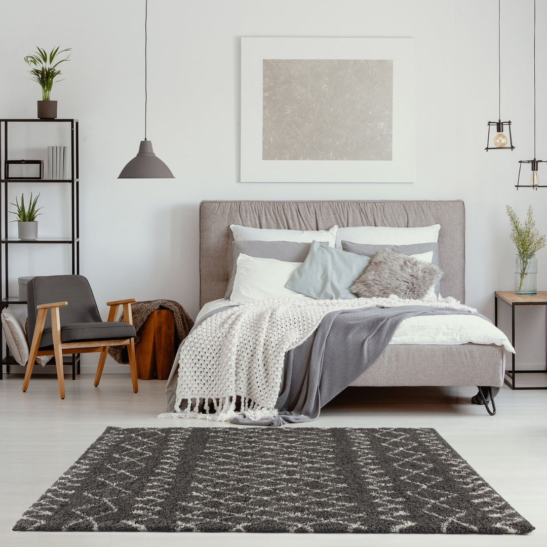 Moroccan dark grey shaggy rug non-shedding, pet-friendly, and easy to clean