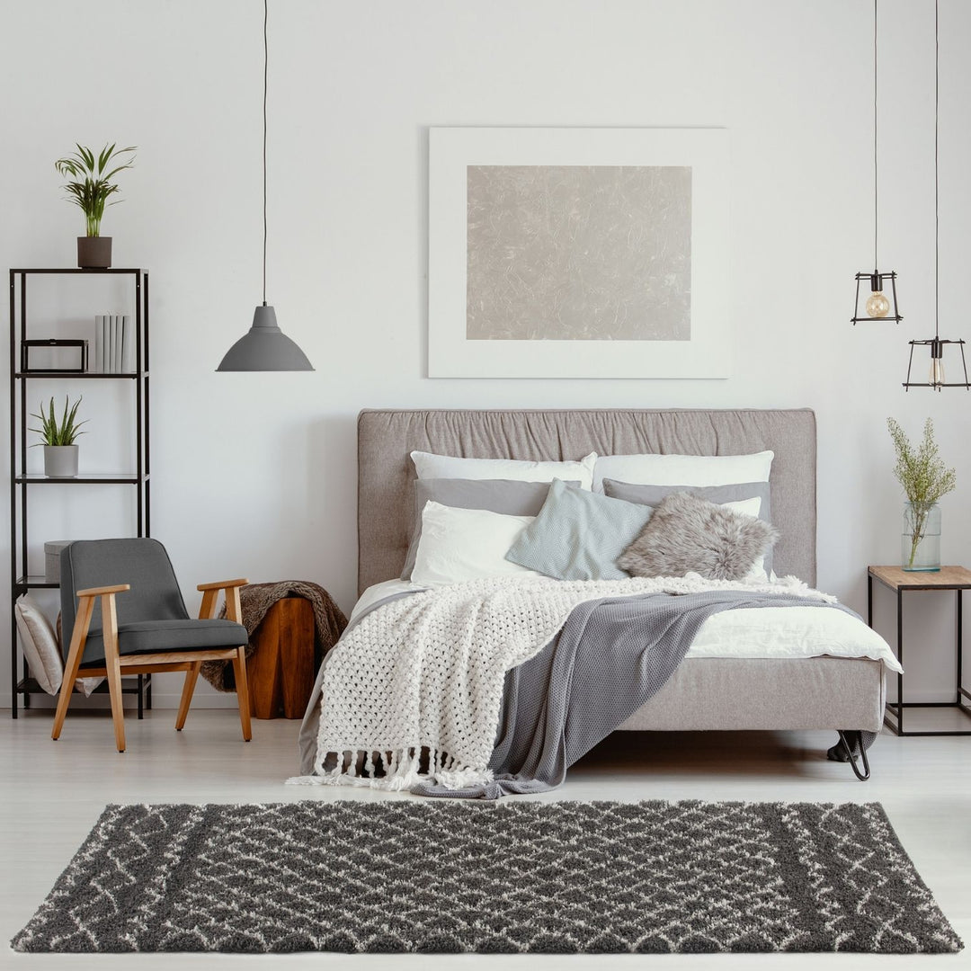 Moroccan dark grey shaggy rug non-shedding, pet-friendly, and easy to clean
