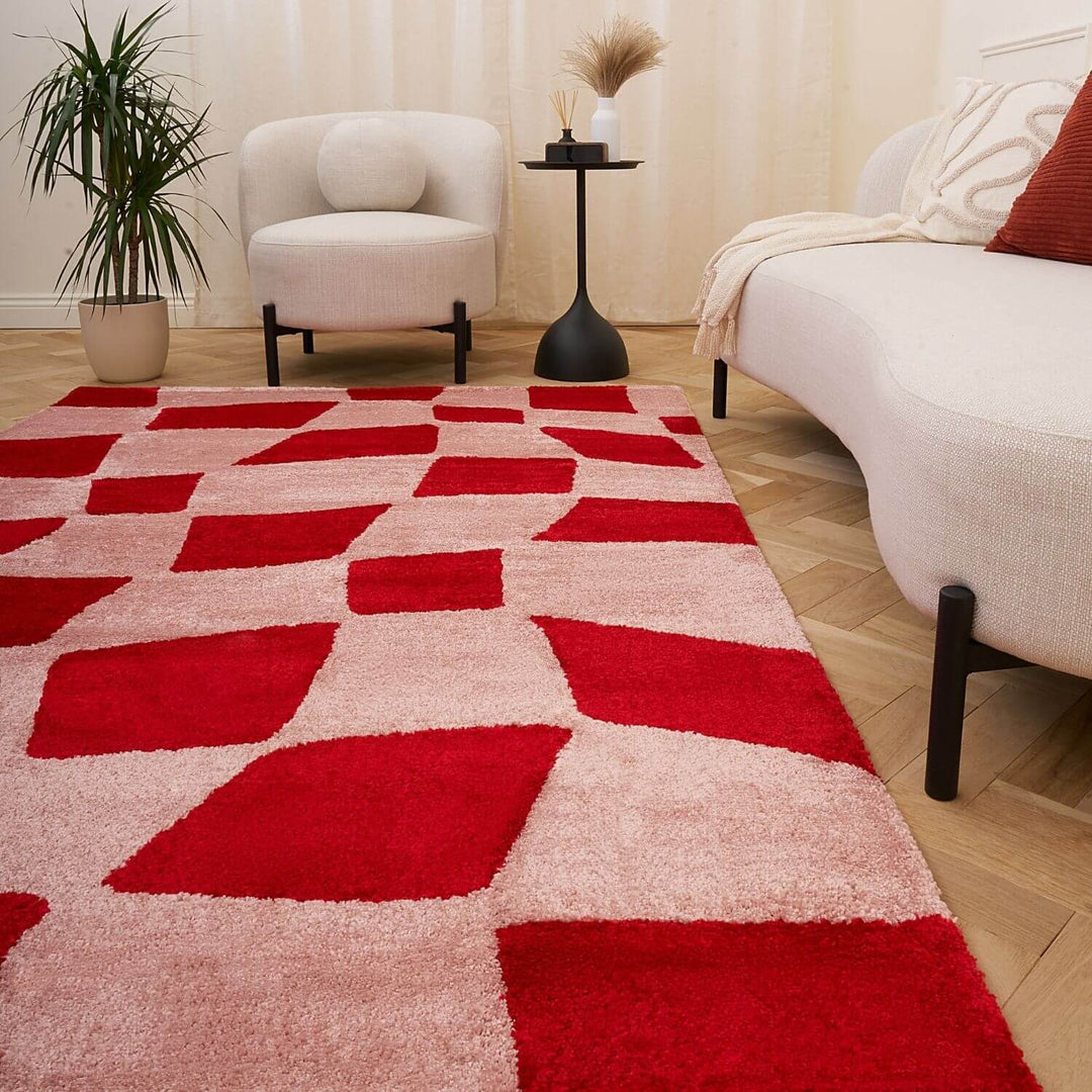 Red and beige patterned rug in a living room setting with a chair and plant.