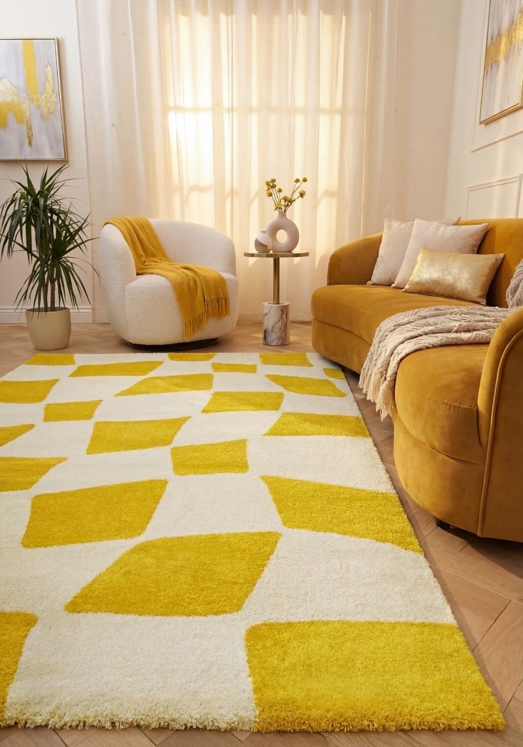 Living room with a yellow and white geometric rug, mustard-colored sofa, and white armchair.