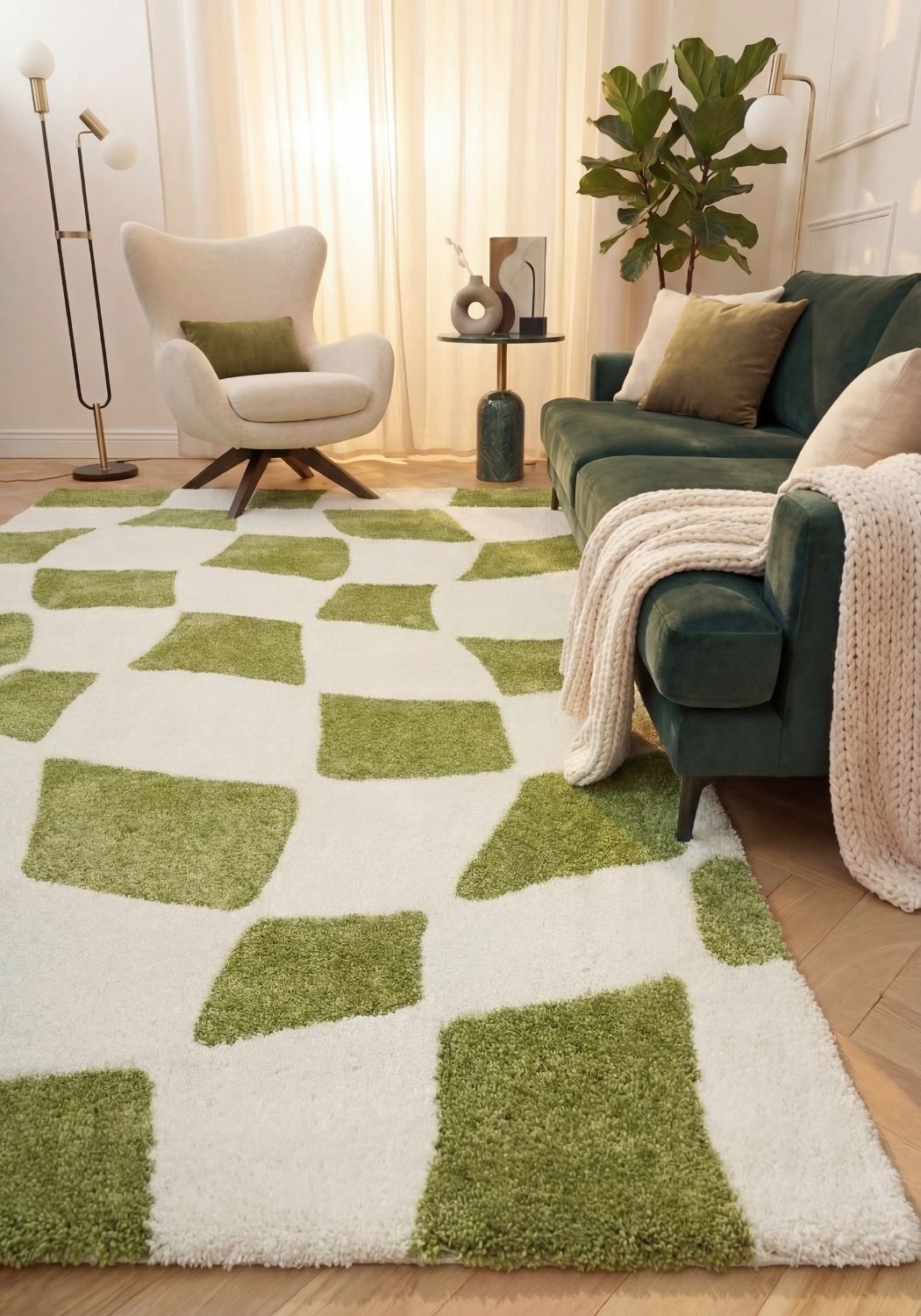 Green geometric pattern on a white background rug, living room