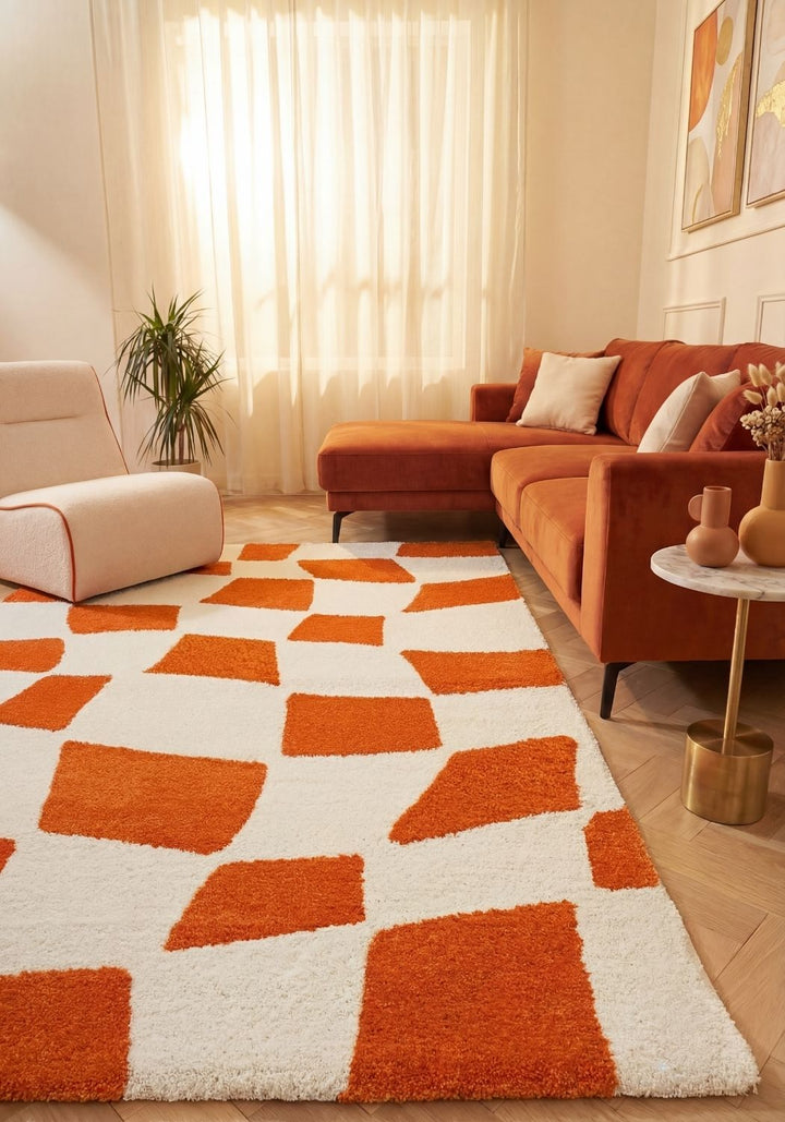 Patterned orange and beige fabric texture rug, ideal for every room.