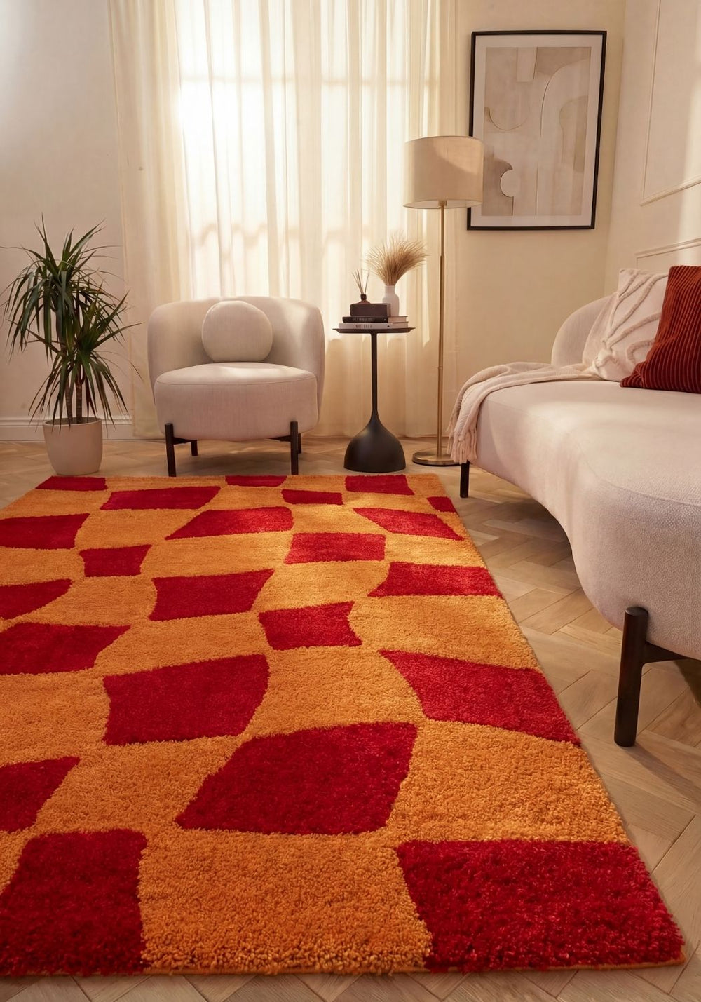Patterned fabric with red and orange geometric shapes, living room.