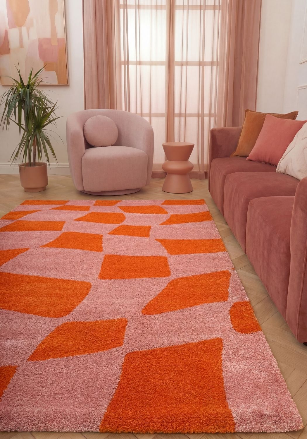 Patterned fabric with orange geometric shapes, living room.