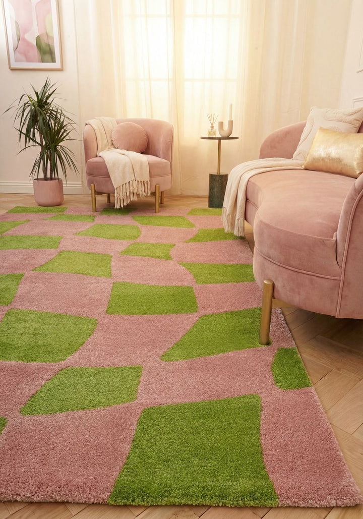 Patterned fabric with green and pink geometric design rug for every room.
