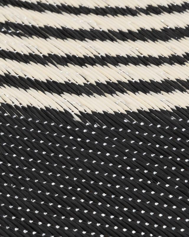 Monochrome geometric design on Urban Outdoor Rug in black and beige, showcasing modern elegance and style.