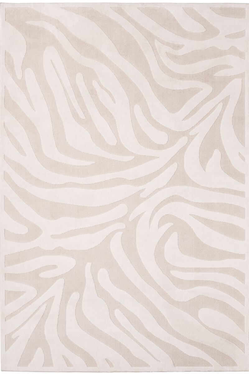 Abstract geometric rug in soft cream tones, featuring modern designs and durable polypropylene material.
