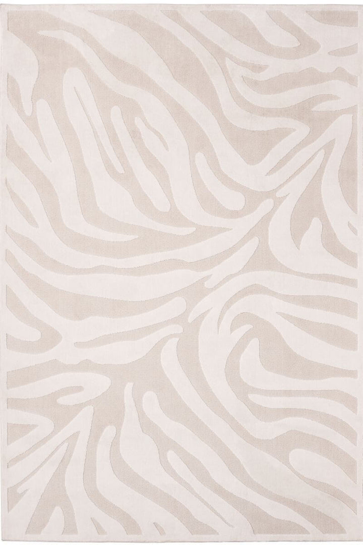 Abstract geometric rug in soft cream tones, featuring modern designs and durable polypropylene material.