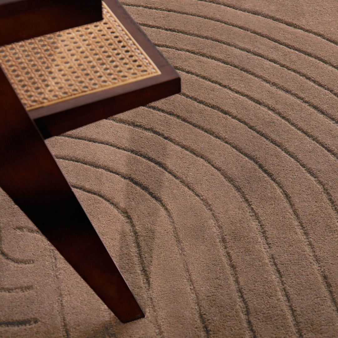 Brown textured carpet with a wooden step and woven mat