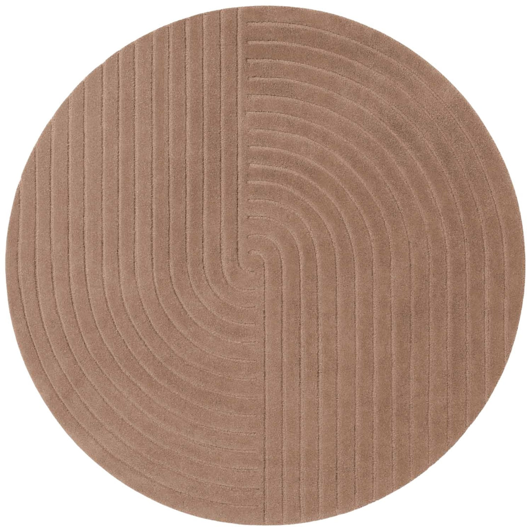 Round brown rug with wavy pattern on a white background