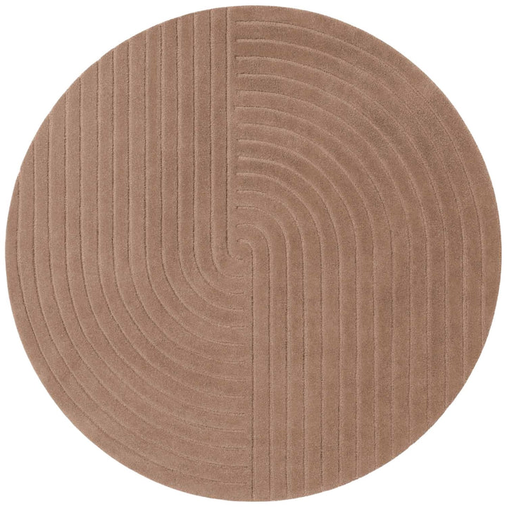 Round brown rug with wavy pattern on a white background