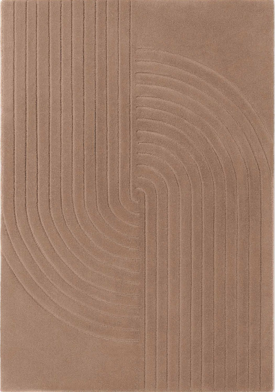 Brown textured rug with wavy line pattern