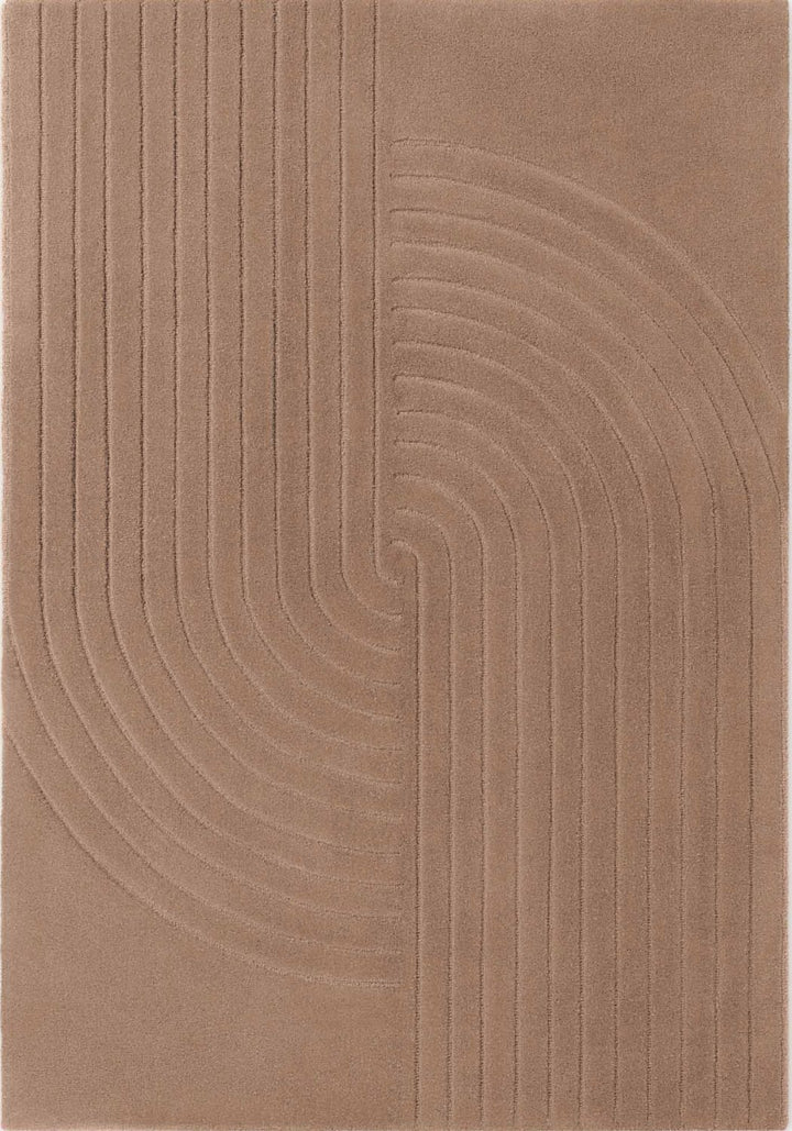 Brown textured rug with wavy line pattern