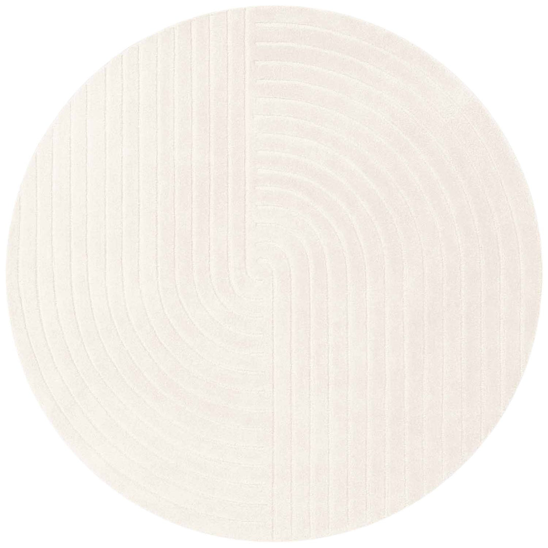 Round white rug with a subtle pattern on a white background