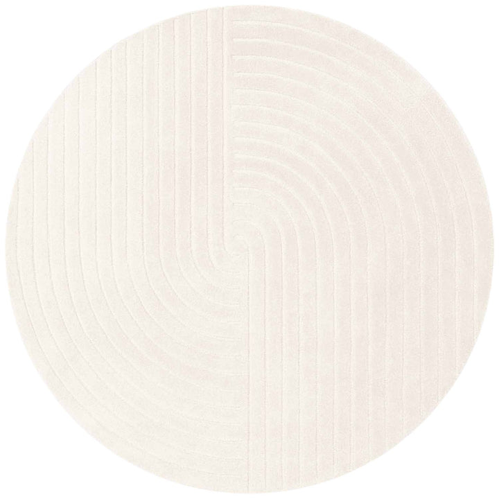 Round white rug with a subtle pattern on a white background