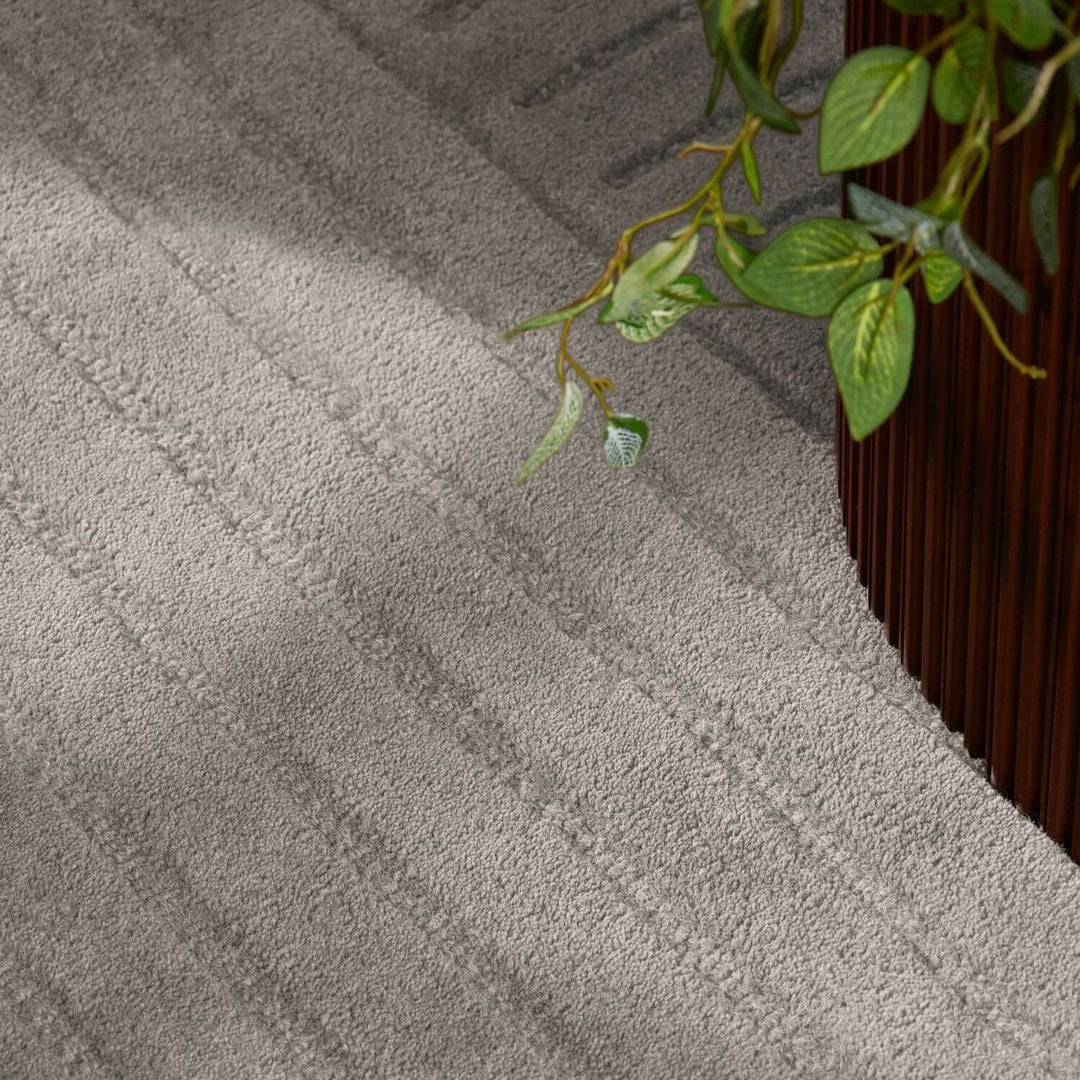 Gray textured rug with a plant on a wooden floor