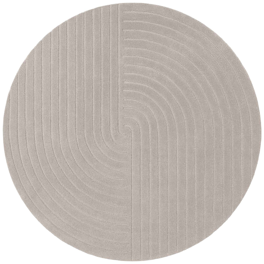Round gray rug with a textured pattern on a white background