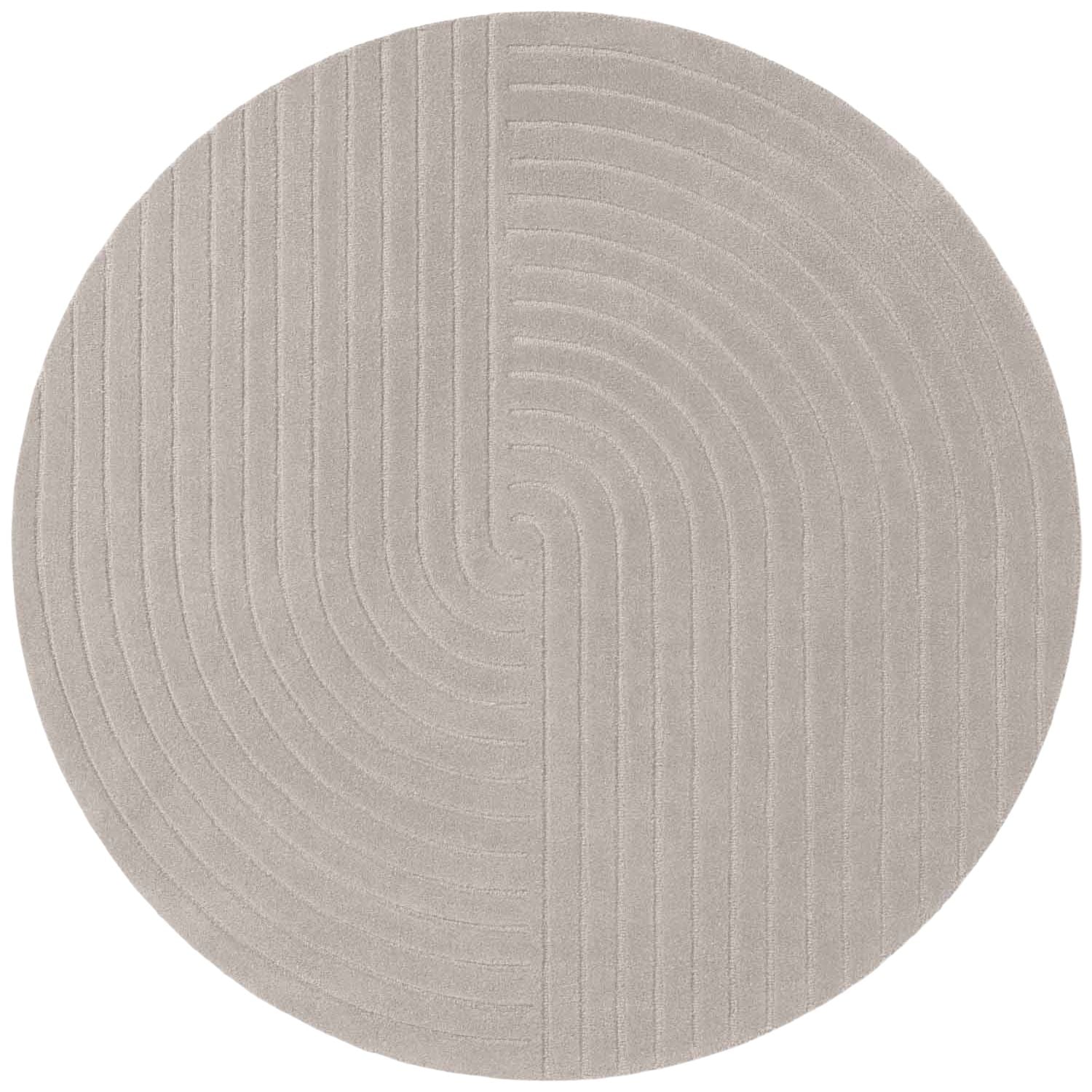 Round gray rug with a textured pattern on a white background