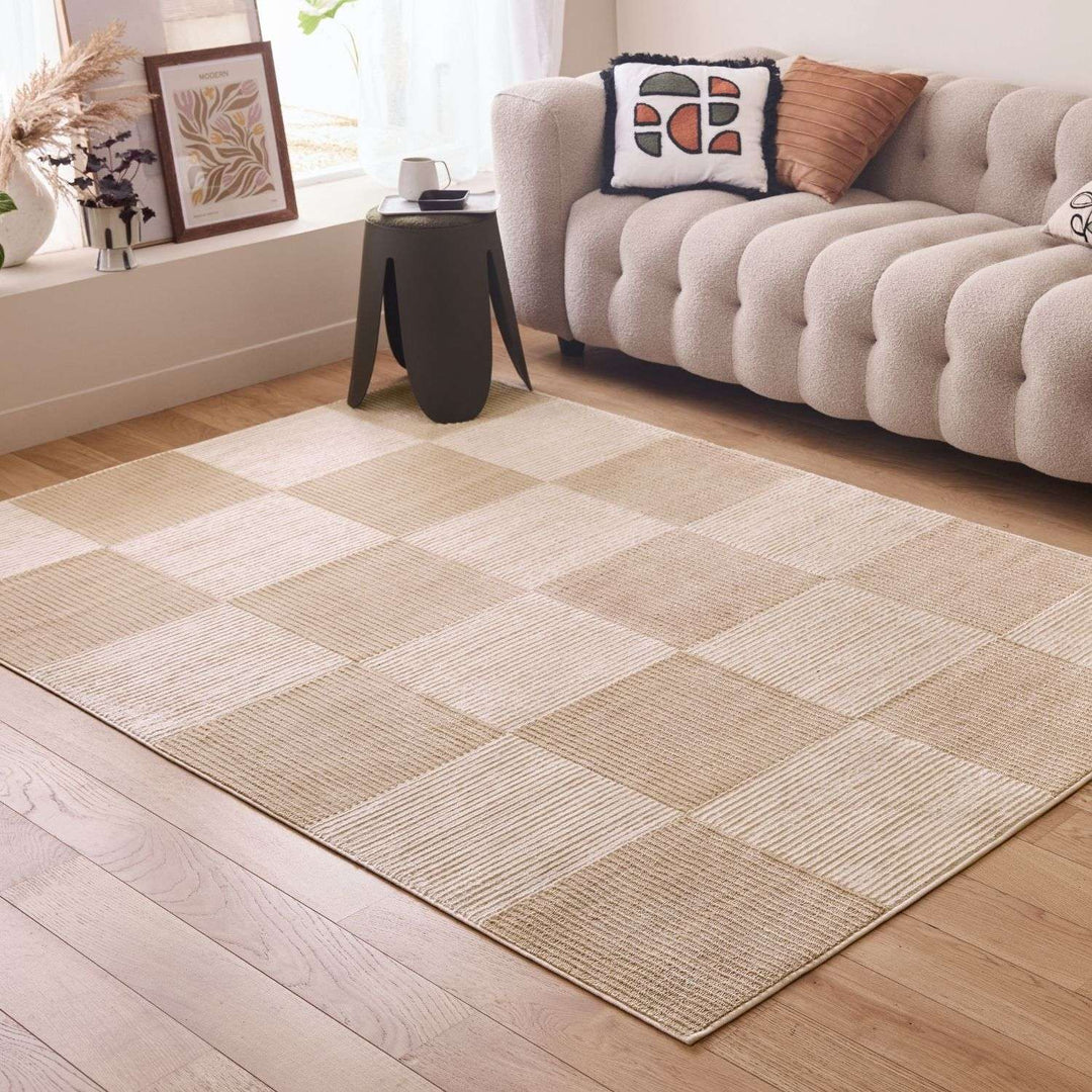 Sync Beige Rug Geometric design textured pile, stain-resistant.