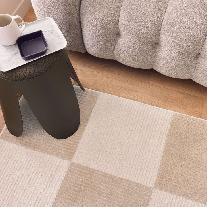 Sync Beige Rug Geometric design textured pile, stain-resistant.