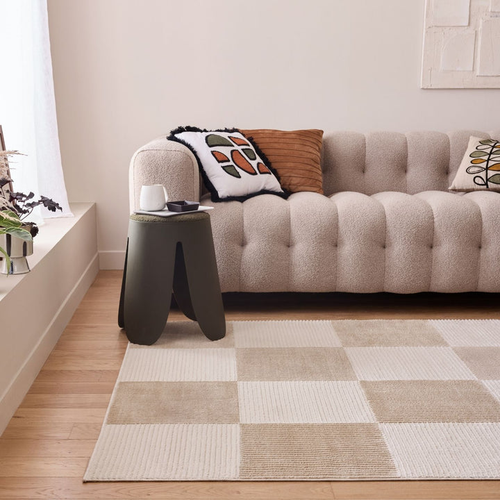 Sync Beige Rug Geometric design textured pile, stain-resistant.