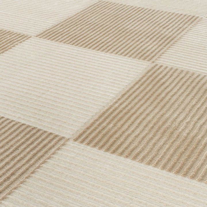 Sync Beige Rug Geometric design textured pile, stain-resistant.