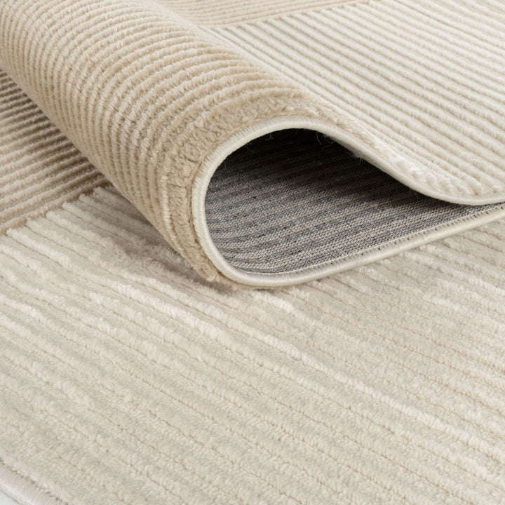 Sync Beige Rug Geometric design textured pile, stain-resistant.