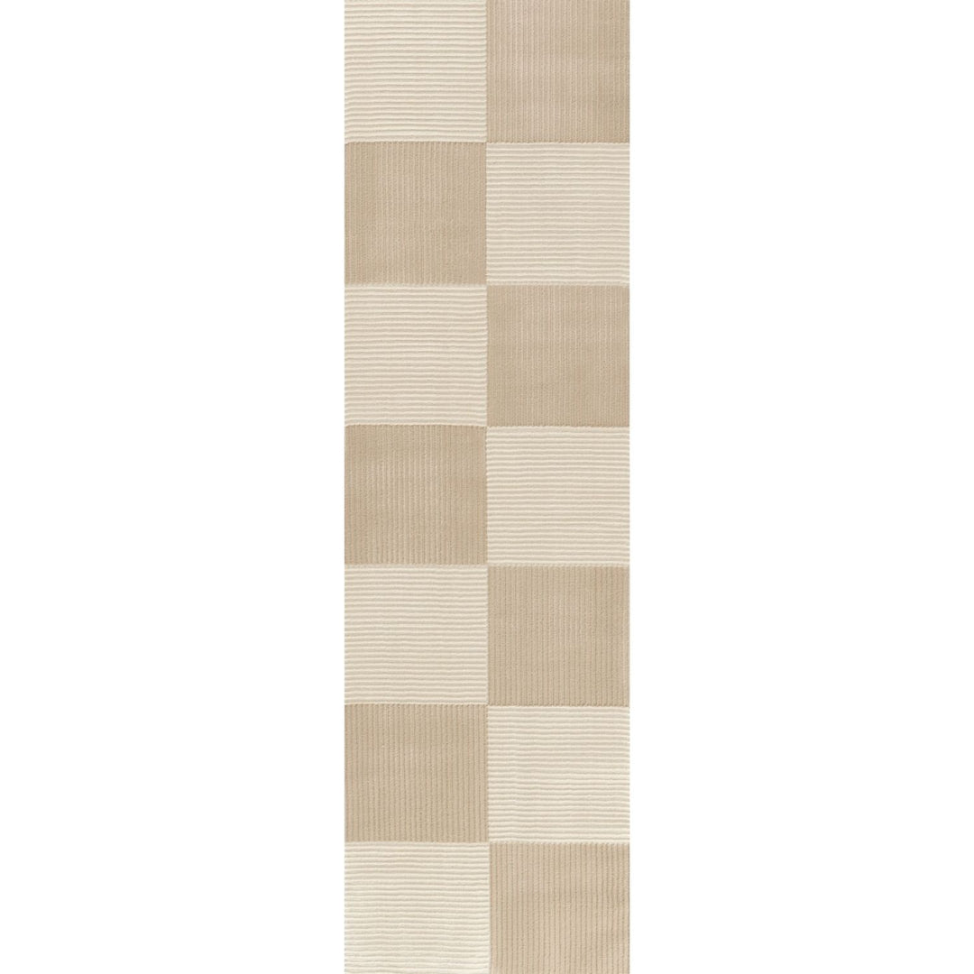 Sync Beige Rug Geometric design textured pile, stain-resistant.