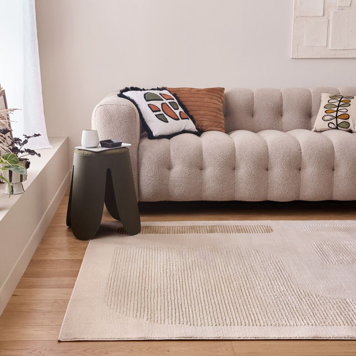 Vista Beige rug abstract design, stain-resistant, soft pile.
